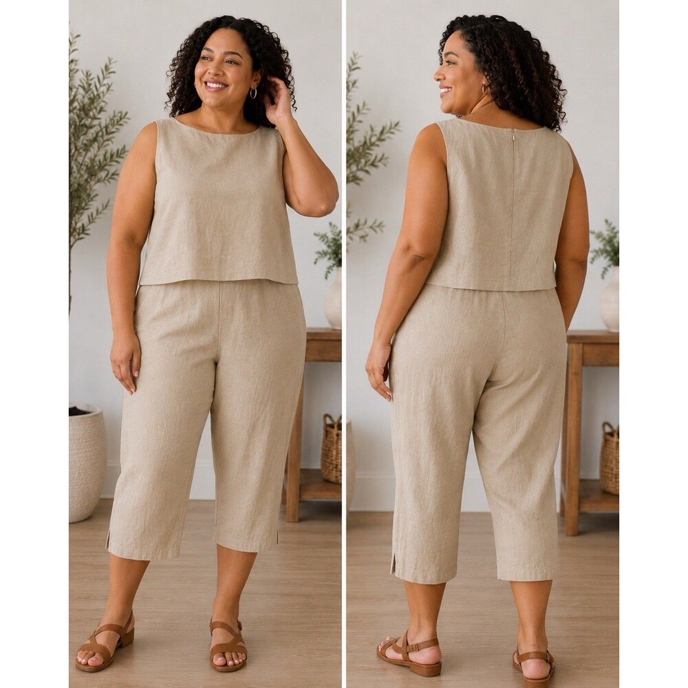 Worthington Stretch Vintage Linen-blend Crop Top & High Waist Crop Pant Sz 20T